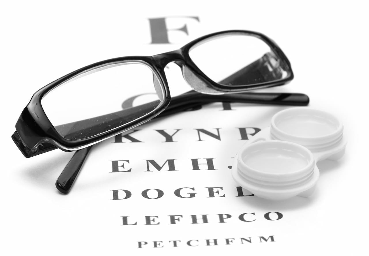 Prescription glasses and contact lens container