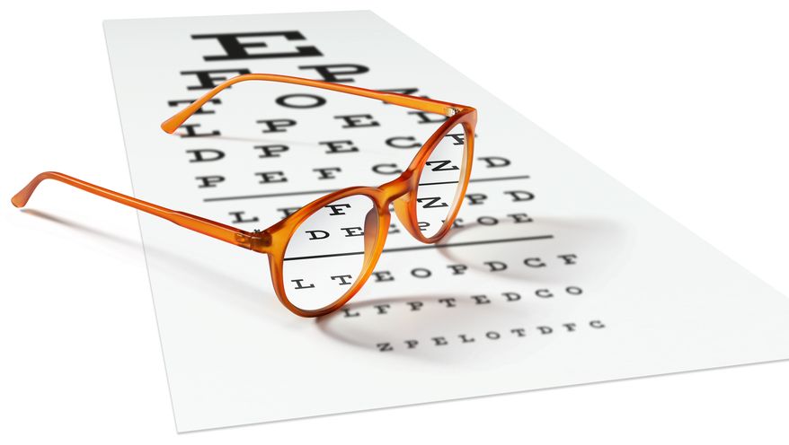 Glasses on a eye exam chart to test eyesight accuracy