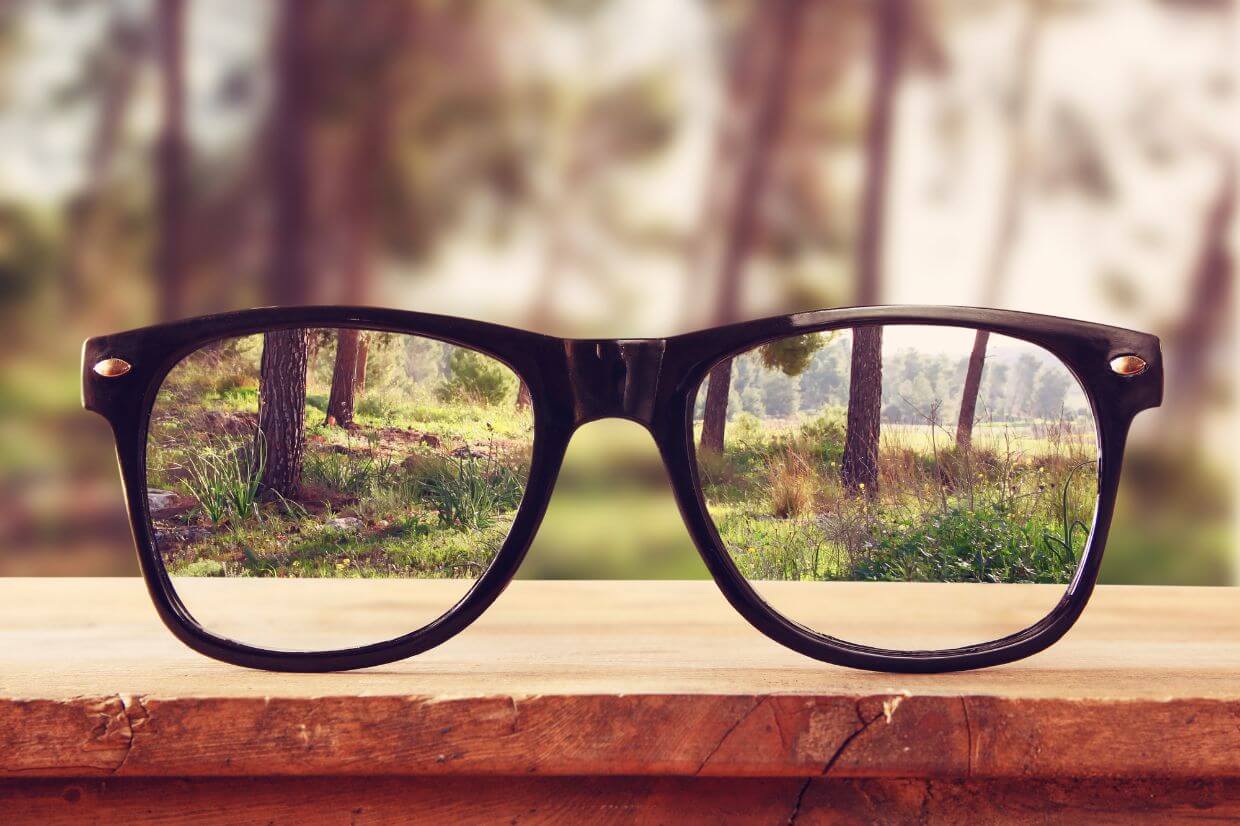 a pair of eyeglasses from the front with a blurred forest in the background sharpen only through the lenses